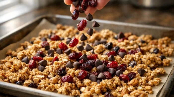 Adding dried fruit and chocolate chips to homemade high protein granola