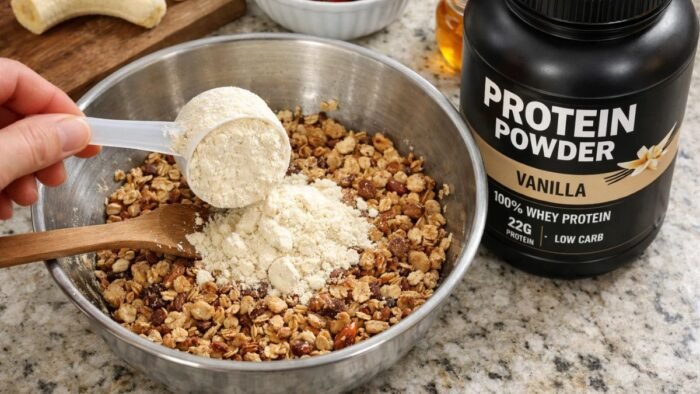 Adding protein powder to homemade granola mixture for extra protein