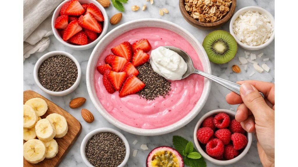 Adding strawberries yogurt and chia seeds to healthy pink gelatin dessert