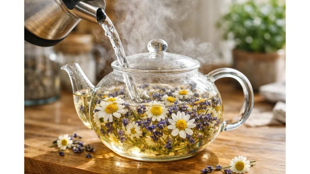 Hot water pouring into teapot with chamomile flowers and lavender buds making herbal tea.