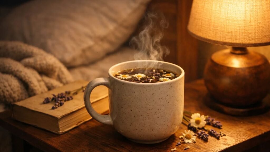 Chamomile lavender tea on bedside table at night promoting relaxation and better sleep.