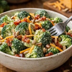 Chicken salad chick broccoli salad recipe with bacon cheddar creamy dressing in a rustic bowl