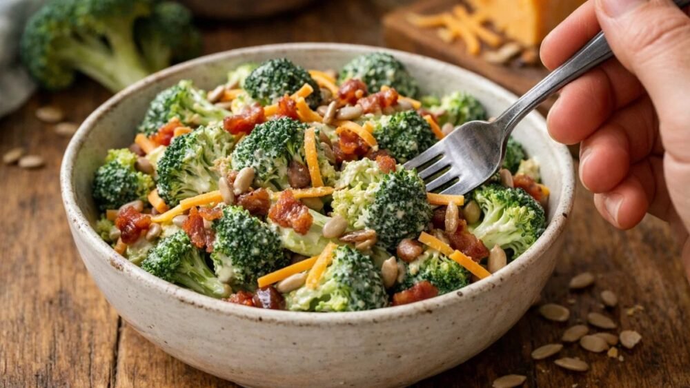 Chicken salad chick broccoli salad recipe with bacon cheddar creamy dressing in a rustic bowl
