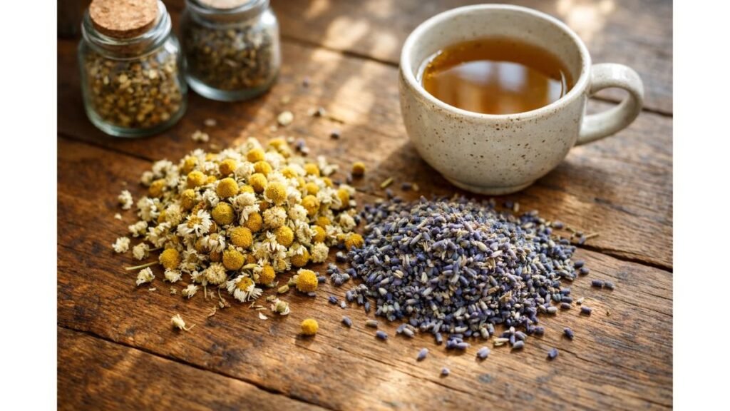Dried chamomile flowers and lavender buds on a wooden table used to make chamomile lavender herbal tea.