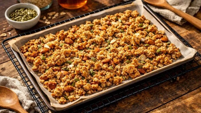 Freshly baked high protein granola cooling on baking tray forming crunchy clusters