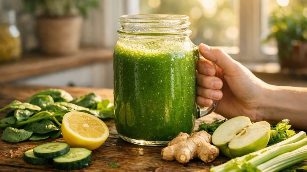 green juice recipe for weight loss made with spinach cucumber lemon and ginger in mason jar on wooden kitchen table