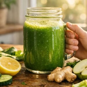 green juice recipe for weight loss made with spinach cucumber lemon and ginger in mason jar on wooden kitchen table
