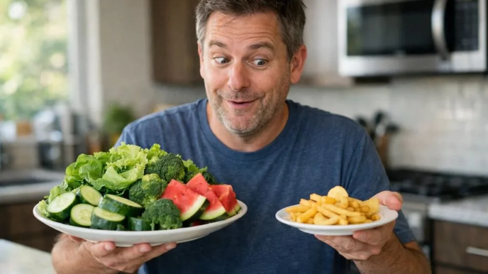 High volume low calorie foods comparison plate with vegetables vs junk food showing portion size difference for weight loss