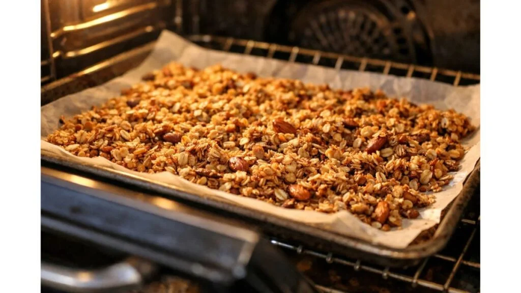High protein granola baking in oven on parchment tray forming crunchy oat clusters