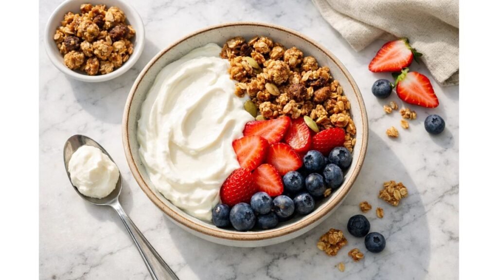 High protein granola with Greek yogurt strawberries and blueberries healthy breakfast bowl