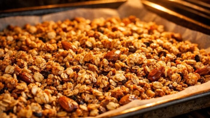 Homemade high protein granola baking in oven turning golden brown
