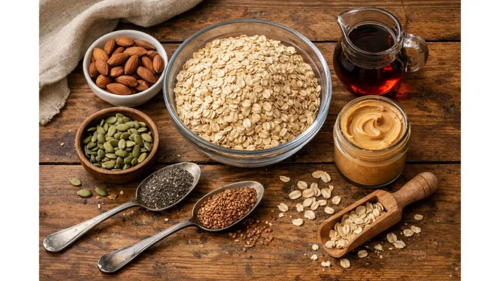 Ingredients for high protein granola recipe with rolled oats almonds chia seeds peanut butter and maple syrup