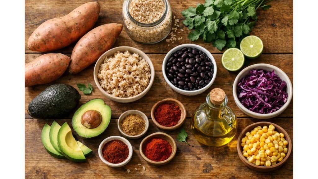 Ingredients for sweet potato taco bowl including sweet potatoes, black beans, brown rice, avocado, taco spices, and fresh cilantro