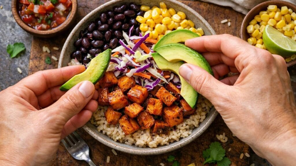 Layering ingredients for vegetarian sweet potato taco bowl with rice, black beans, and avocado