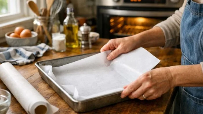 Lining a baking sheet with parchment paper for high protein granola recipe preparation