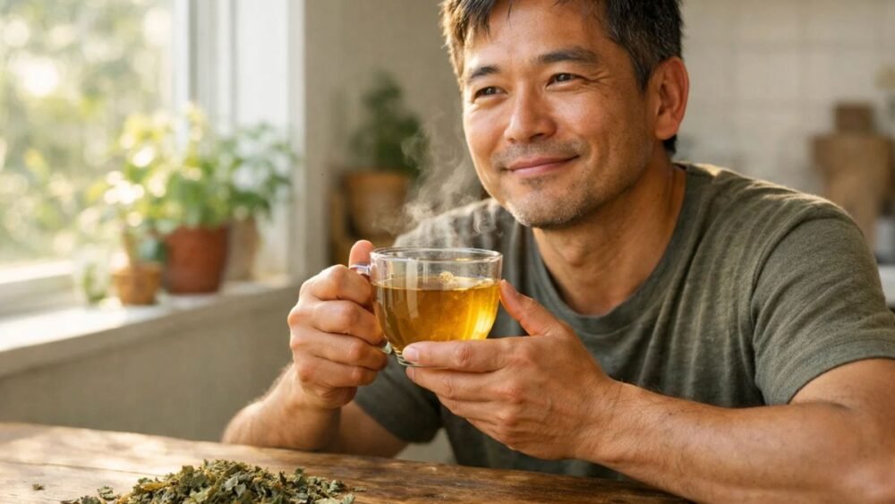 Mamaki tea benefits herbal drink in glass cup with steam natural morning light healthy lifestyle