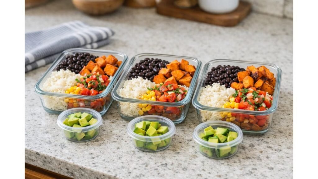 Meal prep sweet potato taco bowls in glass containers for healthy lunch planning
