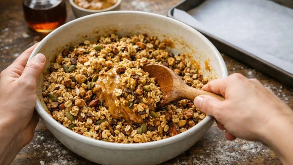 Mixing homemade high protein granola ingredients with oats nuts seeds and maple syrup in a bowl