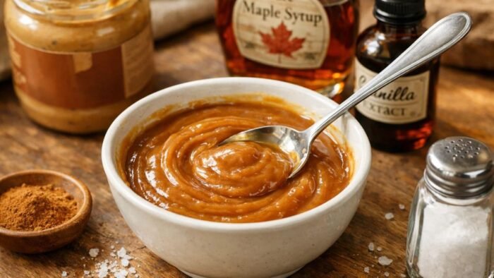 Mixing peanut butter maple syrup vanilla cinnamon and salt for high protein granola