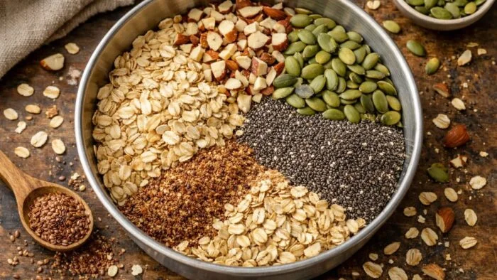 Mixing rolled oats almonds pumpkin seeds chia seeds and flax seeds for homemade high protein granola