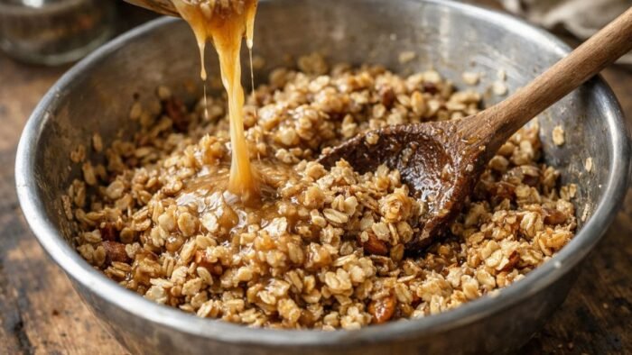 Pouring peanut butter maple mixture over oats and nuts for high protein granola recipe