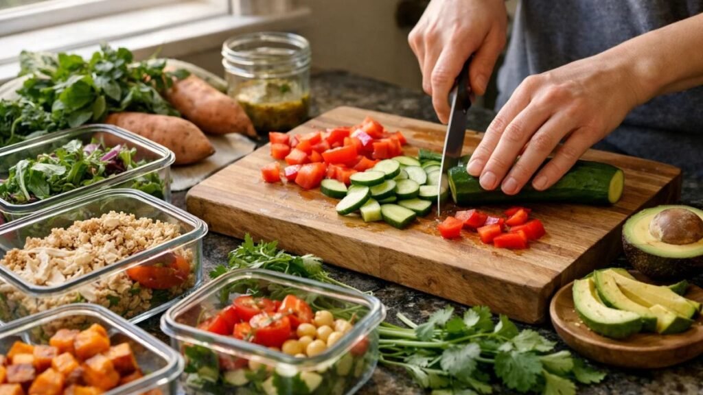 Prepping fresh vegetables and ingredients in advance makes healthy eating easier during busy weekdays.