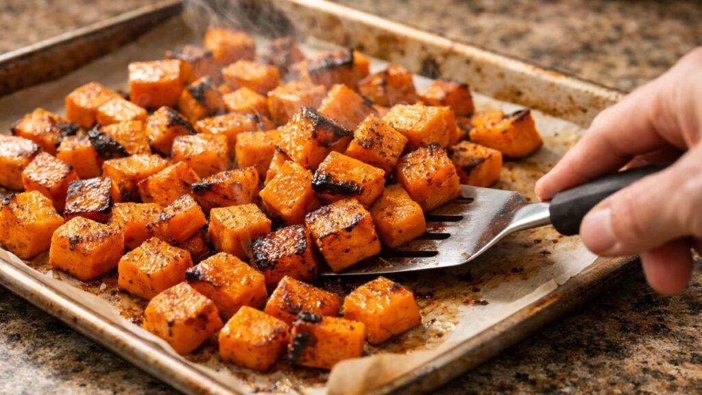 Sheet pan roasted sweet potatoes with chili powder and cumin for sweet potato taco bowl recipe