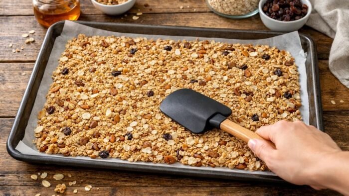 Spreading granola mixture on parchment lined baking sheet before baking