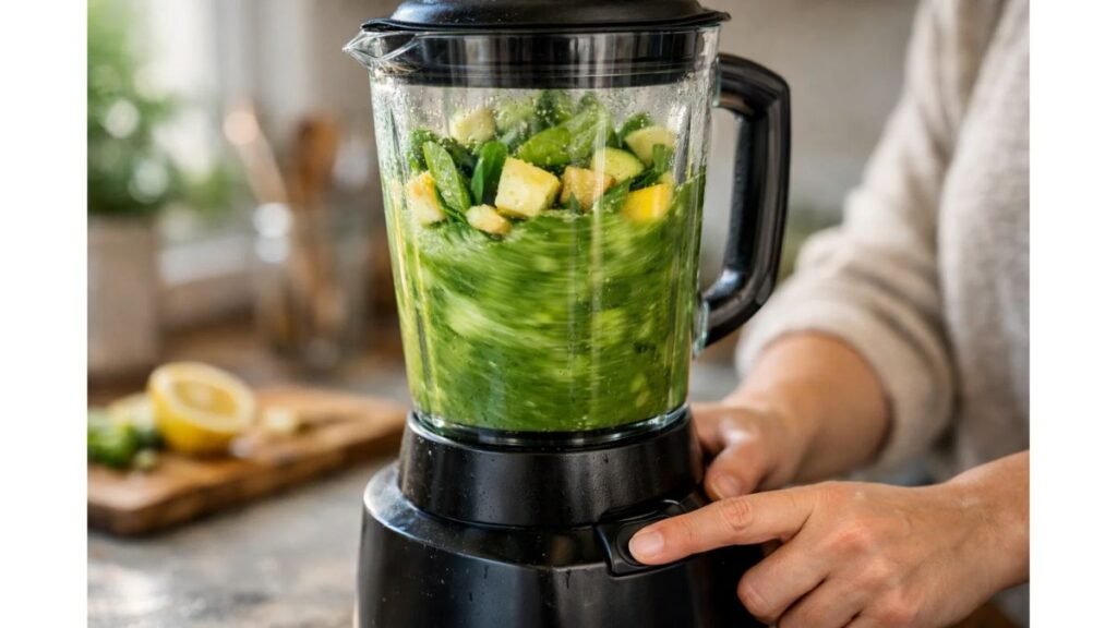 blending homemade green juice recipe for weight loss using spinach cucumber apple lemon and ginger