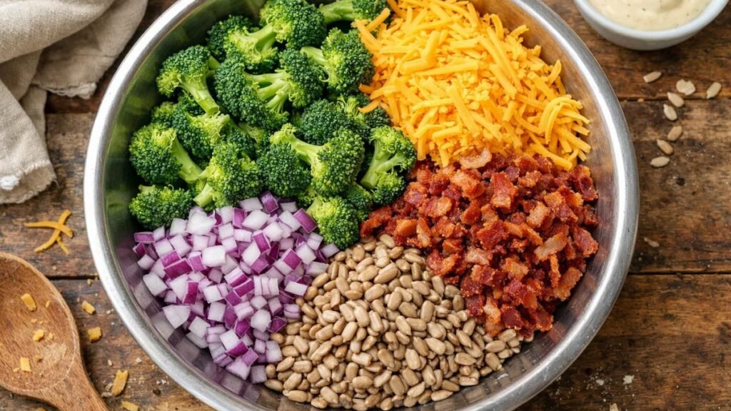 broccoli salad ingredients in bowl with cheese bacon onion and sunflower seeds before mixing