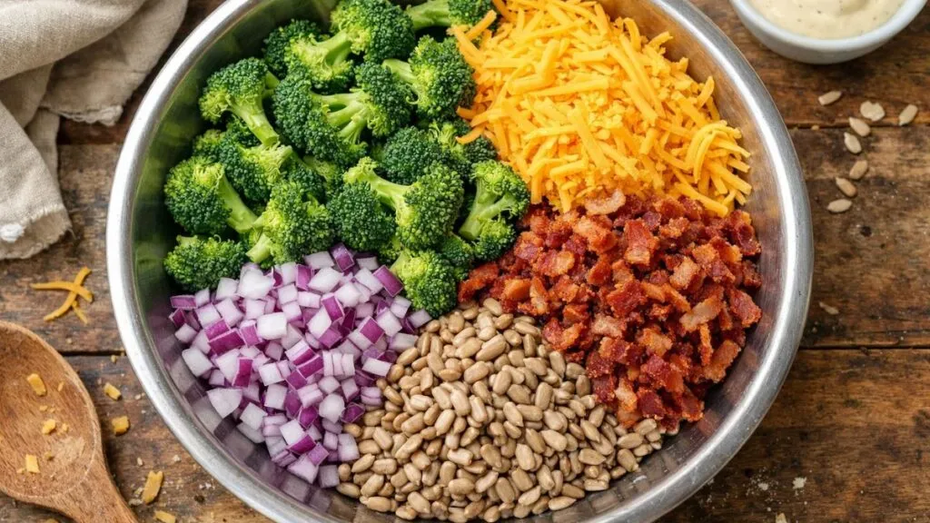 broccoli salad ingredients in bowl with cheese bacon onion and sunflower seeds before mixing
