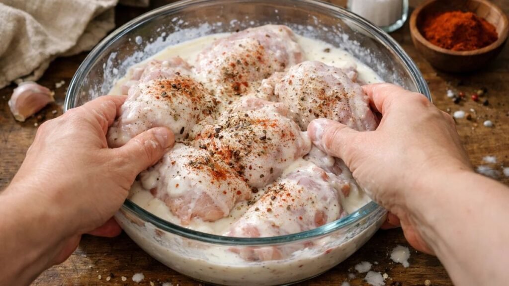 chicken thighs marinating in buttermilk for juicy fried chicken thighs