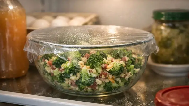 chilling broccoli salad in refrigerator before serving for best flavor