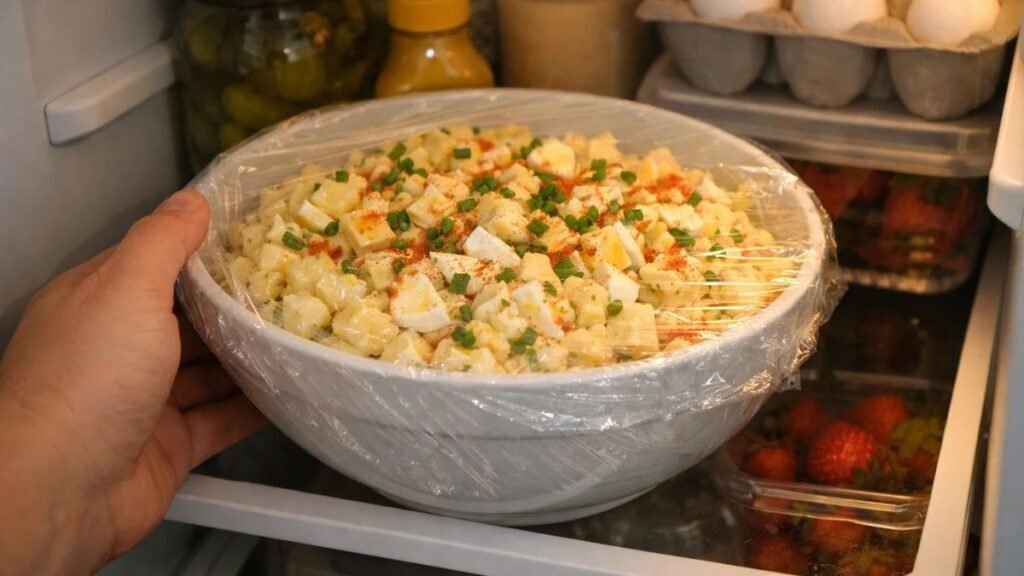 chilling deviled egg potato salad in fridge before serving