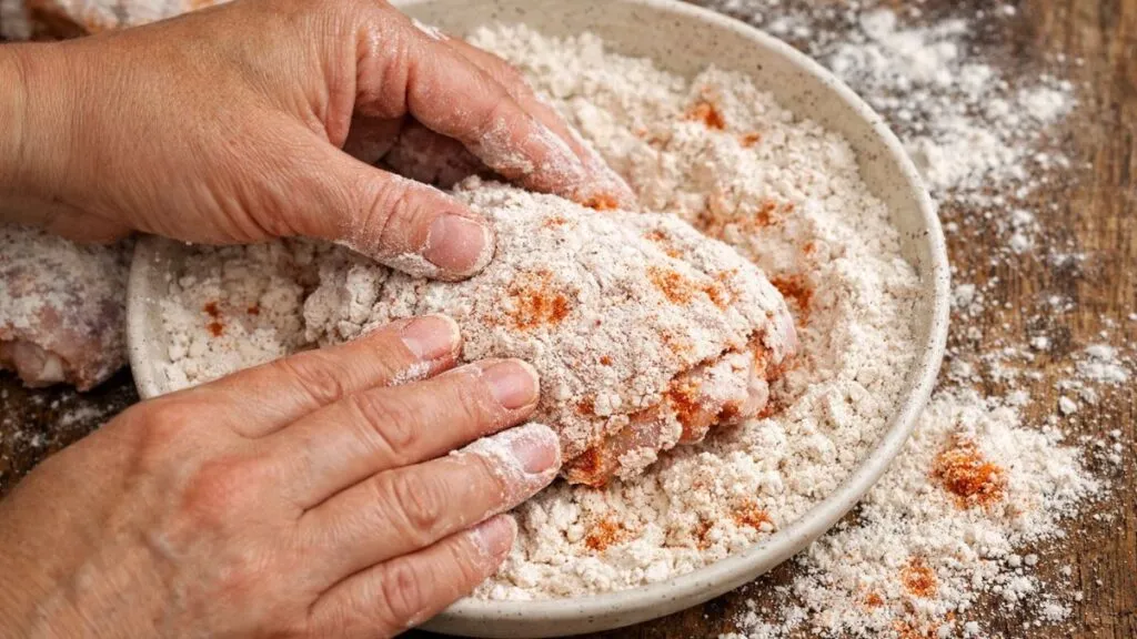 coating chicken thighs in seasoned flour for crispy fried chicken thighs