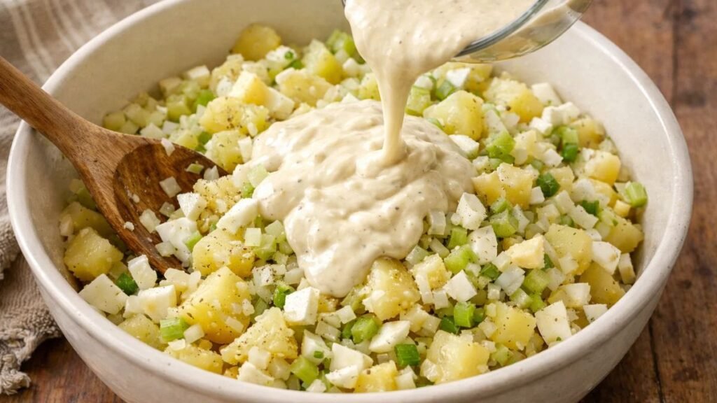 combining potatoes eggs celery and dressing for deviled egg potato salad