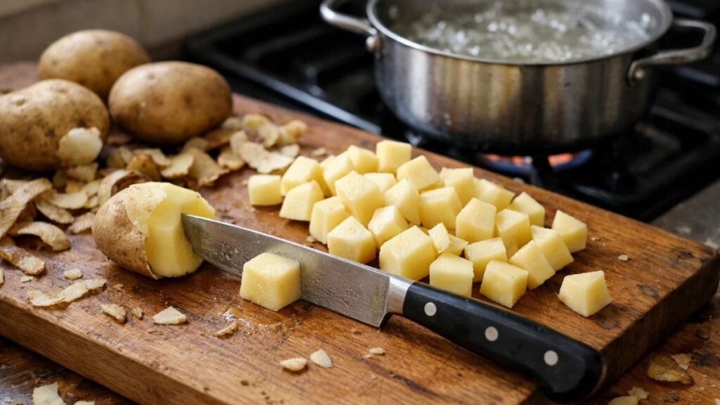 cutting and boiling potatoes for deviled egg potato salad recipe step 1
