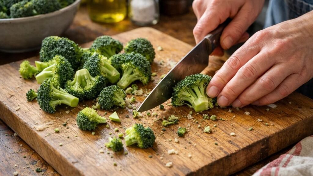 cutting fresh broccoli florets for chicken salad chick broccoli salad recipe preparation