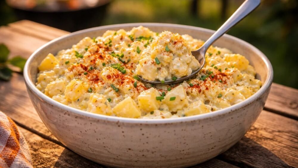 deviled egg potato salad recipe creamy homemade with paprika and chives in rustic bowl