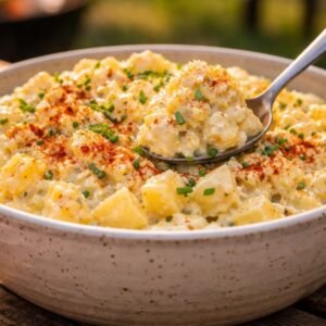 deviled egg potato salad recipe creamy homemade with paprika and chives in rustic bowl