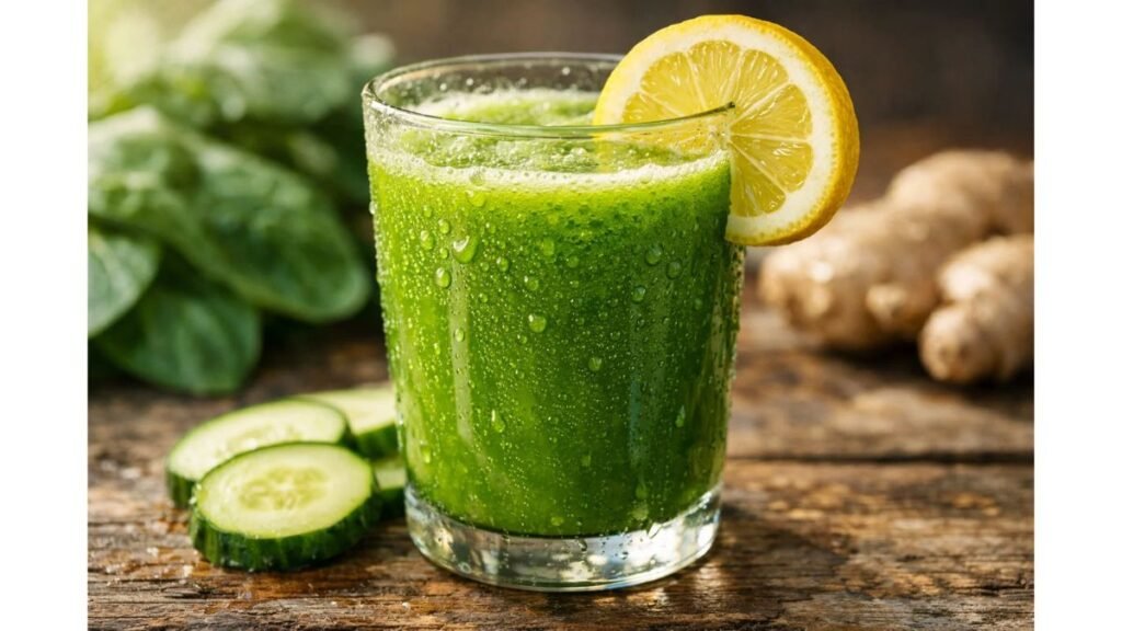 fresh homemade green juice for weight loss with spinach cucumber lemon and ginger in glass