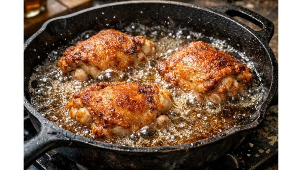 frying chicken thighs in oil golden crispy coating pan fried chicken thighs