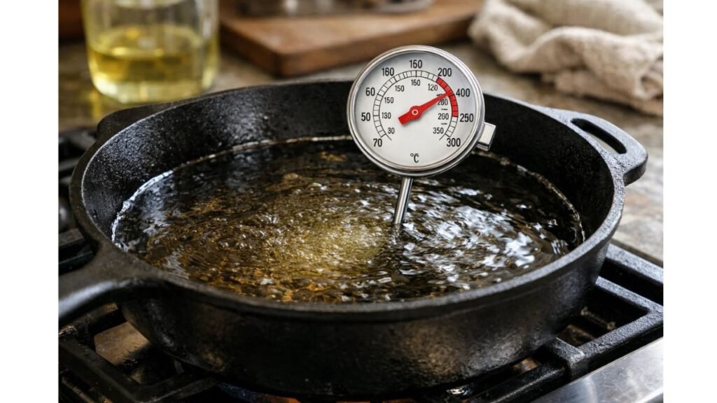 heating oil in pan for fried chicken thighs correct oil temperature for crispy frying
