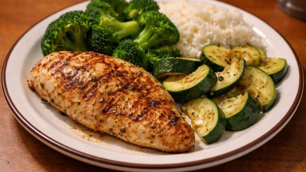 high volume low calorie meal chicken broccoli zucchini balanced diet plate for weight loss