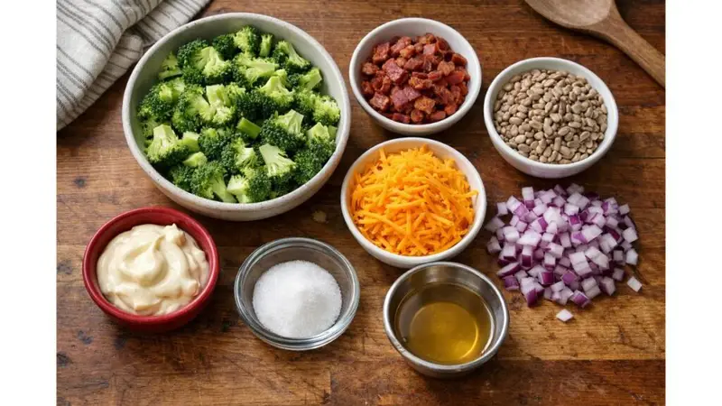 ingredients for chicken salad chick broccoli salad recipe with broccoli bacon cheese and dressing