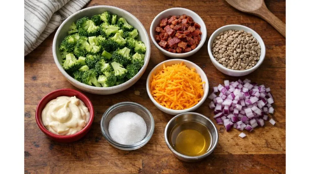 ingredients for chicken salad chick broccoli salad recipe with broccoli bacon cheese and dressing