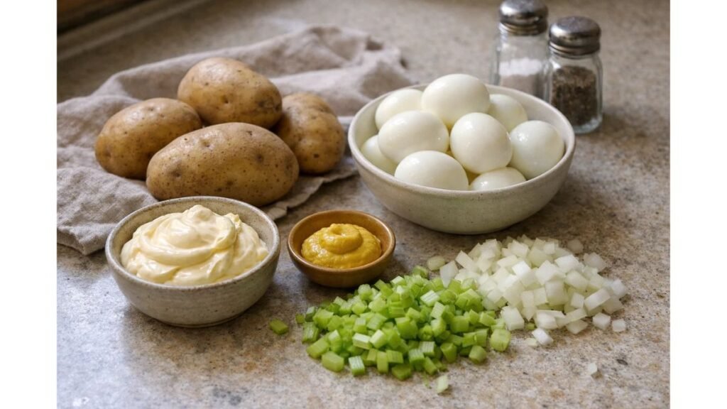 ingredients for deviled egg potato salad potatoes eggs mayo mustard celery onion