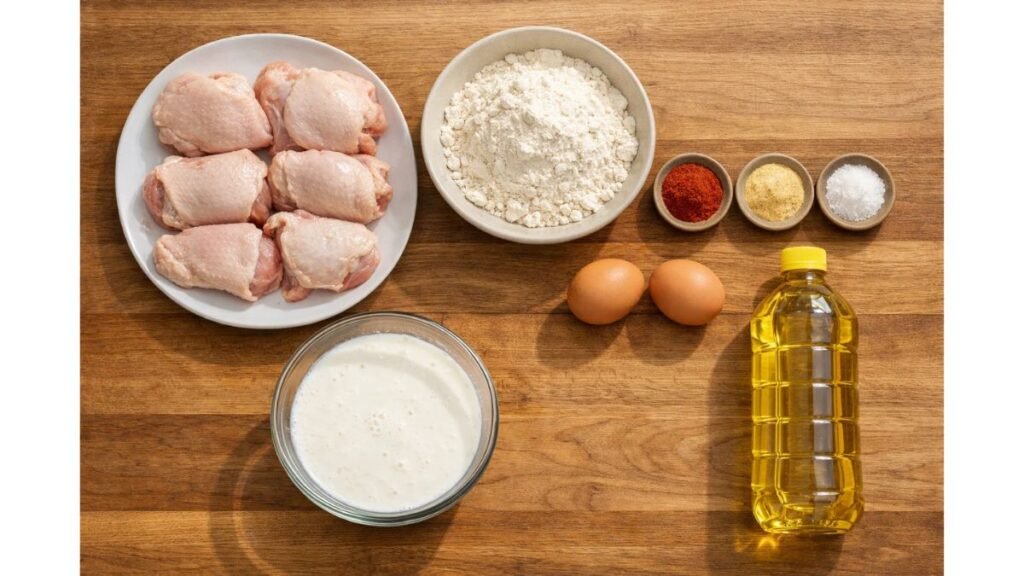 ingredients for fried chicken thighs recipe flour paprika garlic powder eggs buttermilk chicken thighs