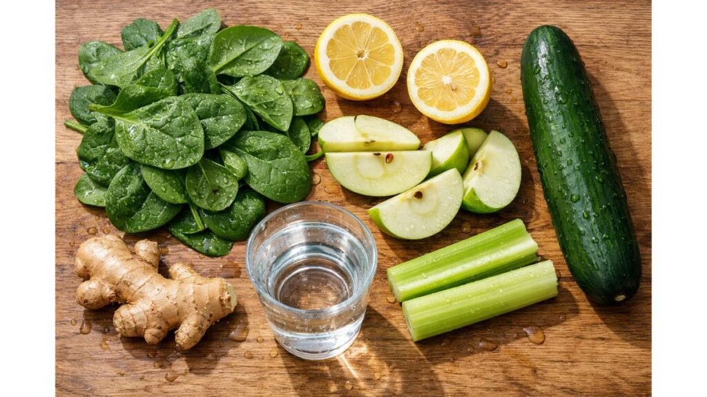 ingredients for green juice recipe for weight loss including spinach cucumber apple lemon ginger and celery