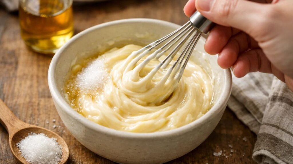 making creamy dressing with mayonnaise sugar and apple cider vinegar for broccoli salad